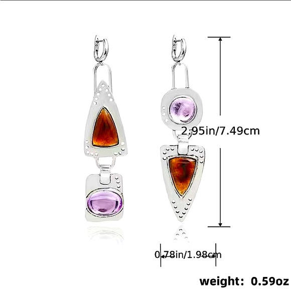 Vintage Boho Geometric Silver Gemstone Irregular Dangle Earrings - Picture 7 of 7